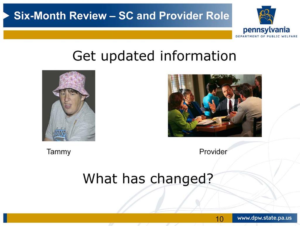 For all six month reviews, the Provider initiates and submits supporting documentation. SCs should compile the information from the specific service provider and the individual.