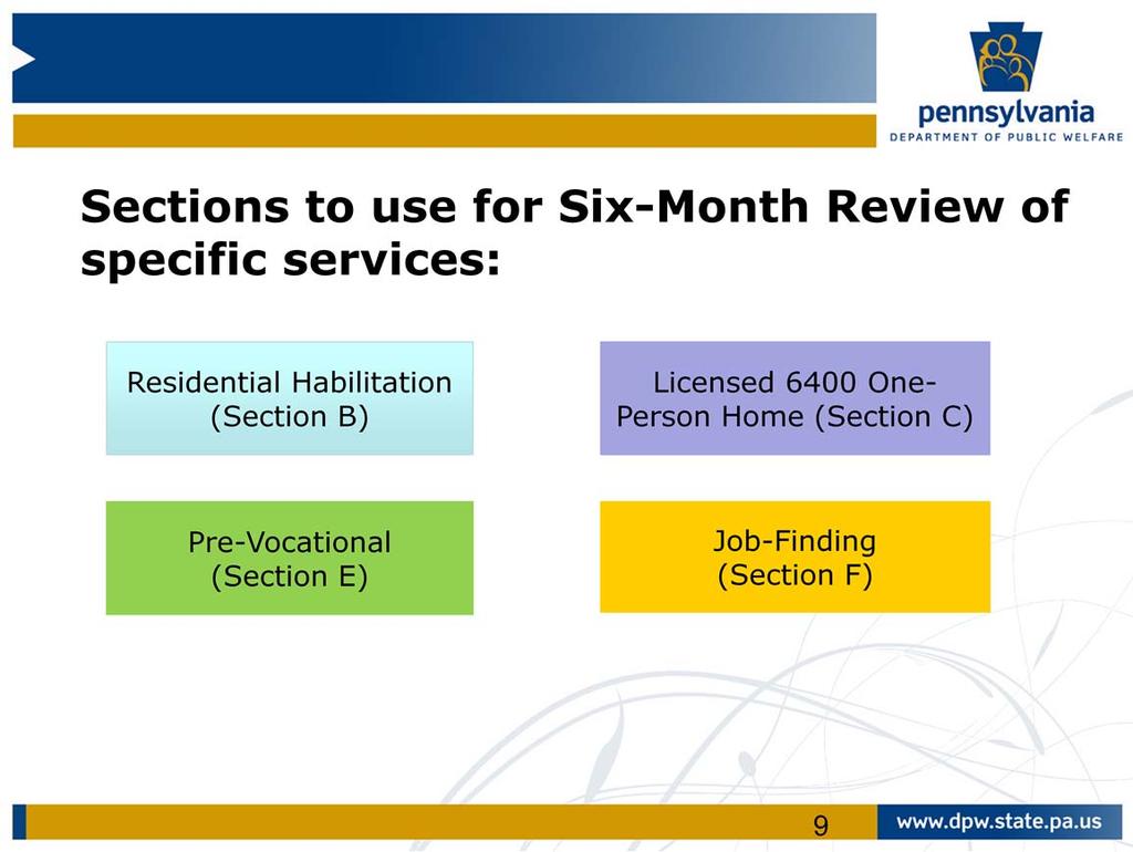 If a person is receiving one or more of the following services, these sections of the ISP Review Checklist should be completed during the six month review:
