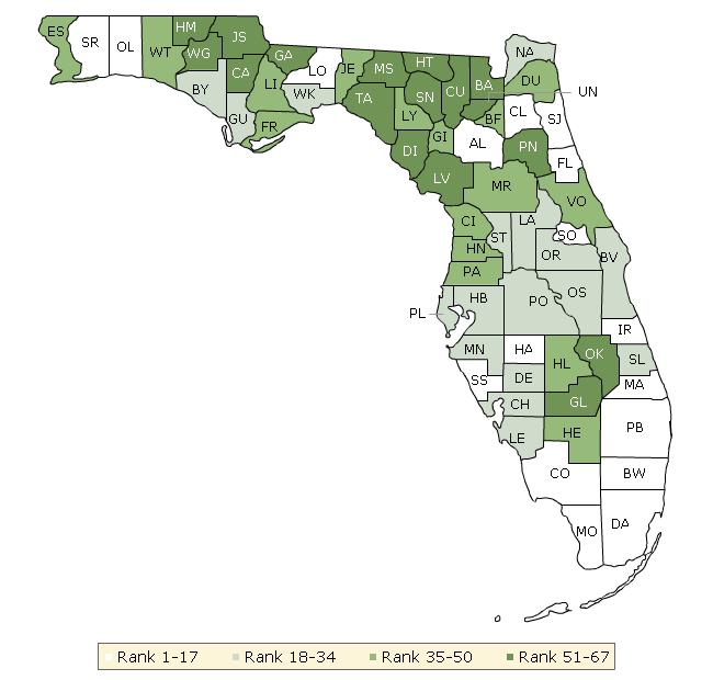 County Health Rankings 2011: Florida The maps on this page display Florida s counties divided into groups by health rank.