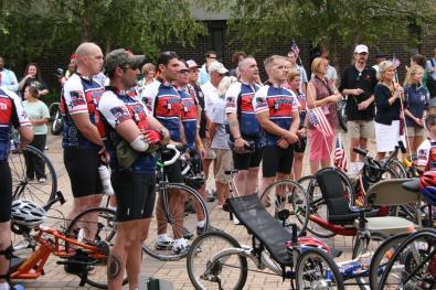 Participants in the Wounded Warrior Ride Gather in CFCC s Courtyard to be honored and thanked for