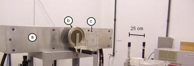 Figure 4 Set-up for calibration of radiodiagnostic ionization chambers in IEC reference radiations at the LCD/CDTN (a: lead housing x-ray tube; b: transmission chamber; c: lead collimator; d: