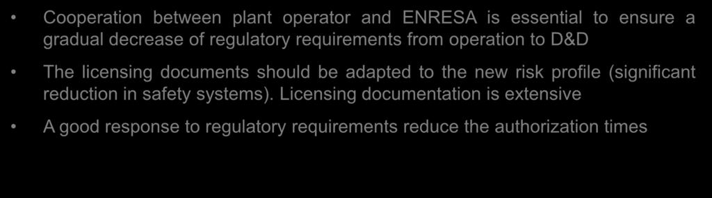 OPERATOR ENRESA Regulatory authorities Cooperation between plant operator and ENRESA is essential to ensure a gradual decrease of regulatory requirements from operation to D&D The licensing documents