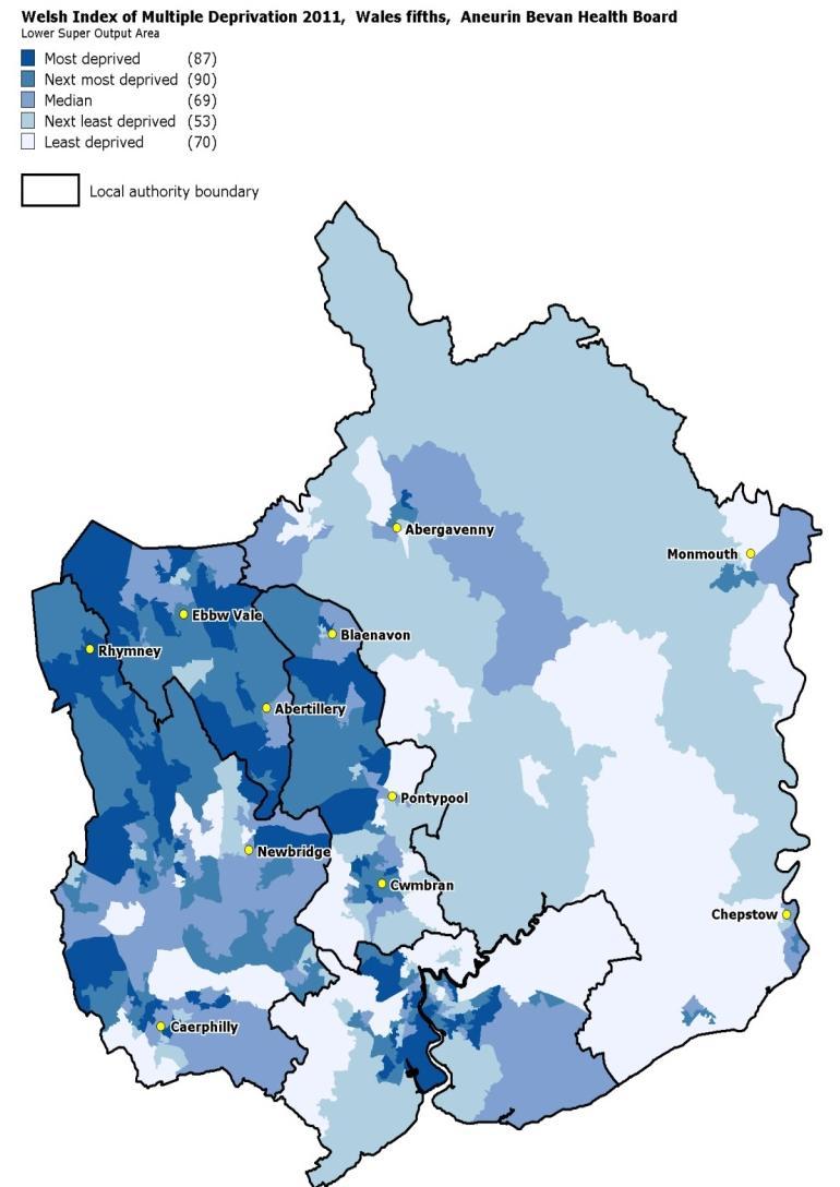 Pattern of deprivation with ABUHB Welsh Index of Deprivation 2011, Wales fifths, Aneurin Bevan