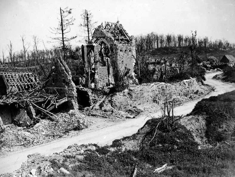 The village of Bourlon has been wrecked by the fighting of 1917-18. Right: The ruins of Bourlon as they appeared in 1919.