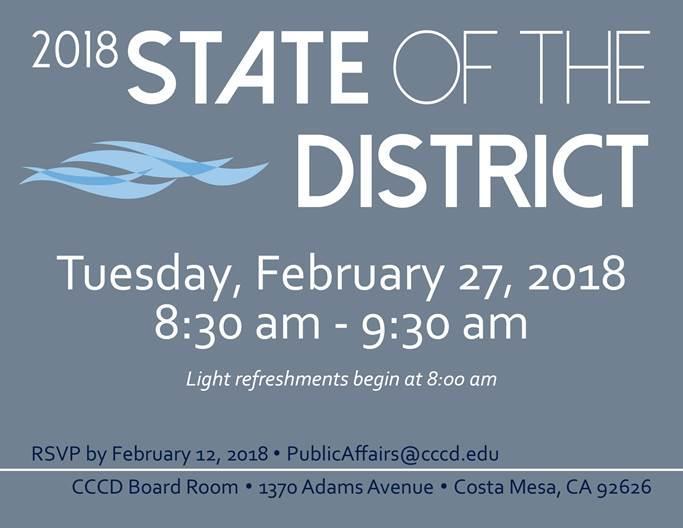 m. and the program will begin at 8:30 a.m. Please RSVP to PublicAffairs@cccd.edu. Last week I was in Sacramento with trustees and staff to meet with legislators and the state chancellor s office.