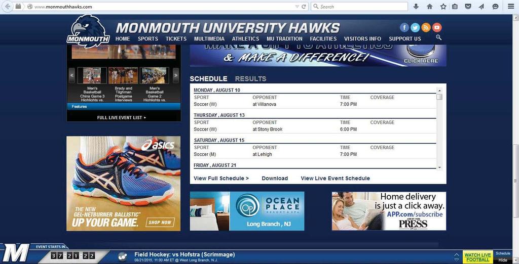 Sponsorship Items Digital Rota ng banner ads are available on the Monmouth Athle cs website, www.monmouthhawks.com, with a hyper-link back to the homepage of your choice. MonmouthHawks.