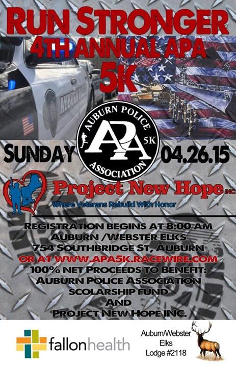 Auburn Police Association 4 th Annual 5K Event The Auburn Police Association (APA) will hold its 4th Annual 5K Event on Sunday, April 26, 2015 at 10:00 AM.