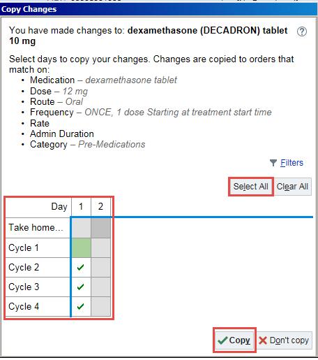 Propagate change to: Individual days by selecting the corresponding check box Entire days or cycles by selecting the row or column header All