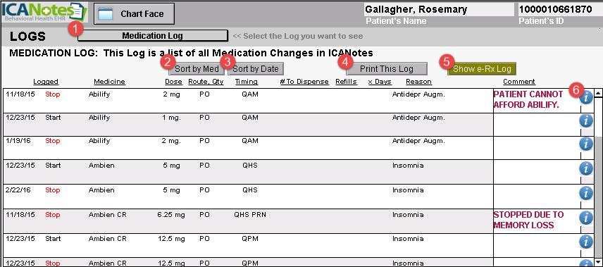 What Features are in the Medication Log? 1. Click this area to change the Log that you want to see. 2. button will alphabetize the medication list. 3. button will sort medication changes by date. 4.