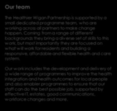 Enabling change to happen Our team The Healthier Wigan Partnership is supported by a small dedicated programme team, who are working across all partners to make change happen.