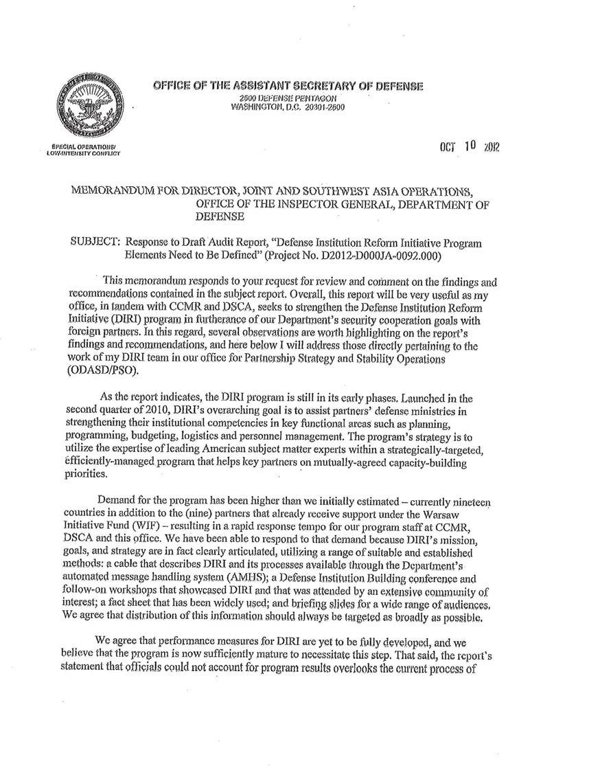 Deputy Assistant Secretary of Defense for Partnership Strategy and Stability Operations Comments Final Report Reference OFFICI'i OF THE ASSIStANT GECnETARY OF DEFENSE 2600 IJ'irC:N$(!