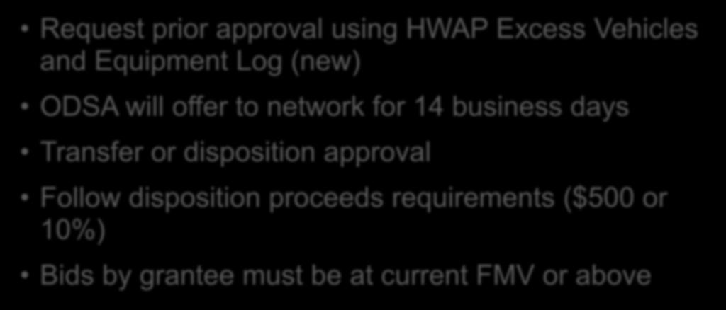 Procurement and Disposition Excess HWAP Equipment or Vehicles with a Unit Acquisition Cost or Current FMV of $5,000 or More Request prior approval using HWAP Excess Vehicles and Equipment