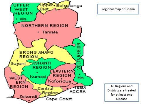 Figure 1: USAID NTD support map All regions in Ghana receive USAID support for MDAs, DSAs and