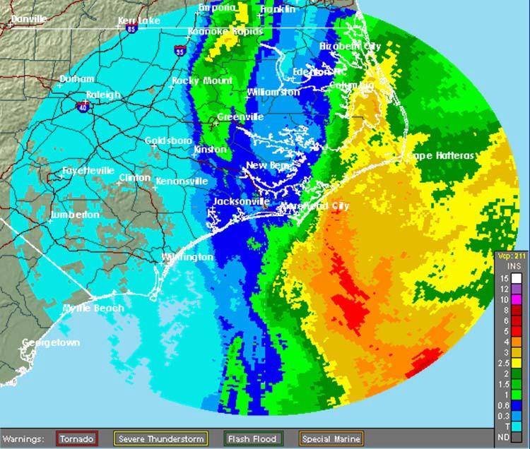 Hurricane Earl 2010 (NCEM, 2010) Radar estimate shows heaviest along the Outer Banks (1-4 inches) Storm total to five inches