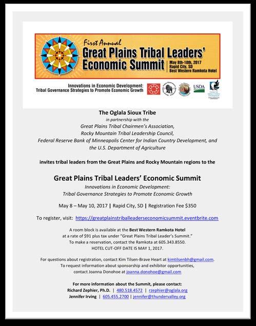 Department of Agriculture (USDA) Rural Development to host the Great Plains Tribal Leaders Economic Summit on May 8-10, 2017 in Rapid City at the Best Western Ramkota Hotel.