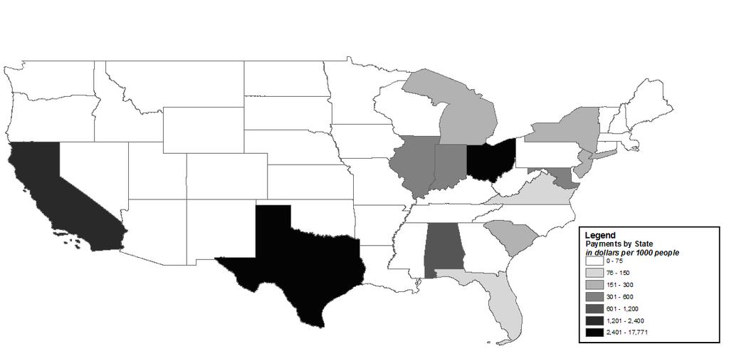 Figure 6: Per Capita Direct Payments by State 2007 - Biomet Information on Payments comes from company websites, population information comes from the 2005 Area Resource