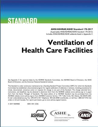 ANSI/ASHRAE/ASHE Standard 170 ANSI/ASHRAE/ASHE Standard 170-2017: Ventilation of Health Care Facilities Comprised of a set of minimum requirements intended for adoption by code-enforcing agencies.