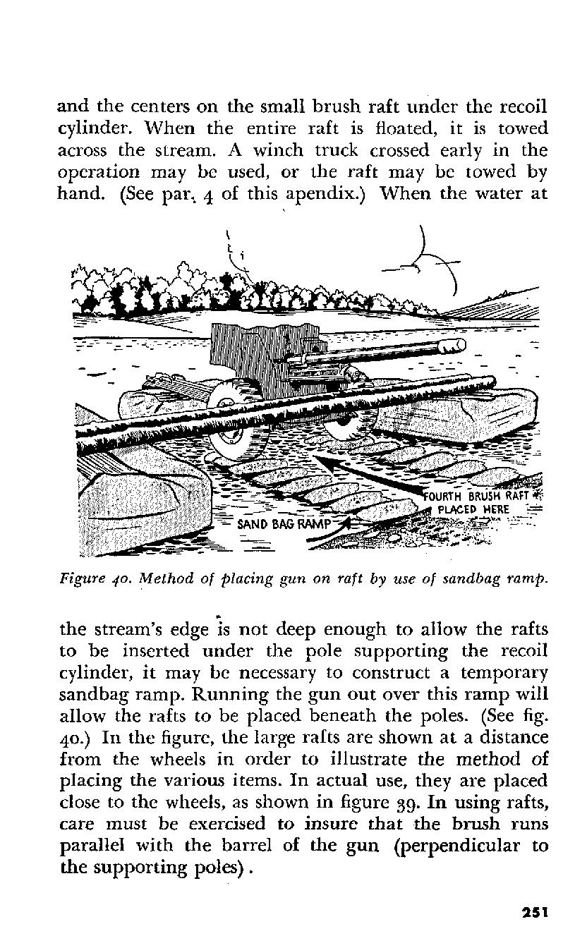 and the centers on the small brush raft under the recoil cylinder. When the entire raft is floated, it is towed across the stream.