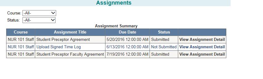 Once you click Assignments, the Assignment Summary screen will appear. This will list all assignments. Students will need to ensure they are submitting documents into the correct assignment.