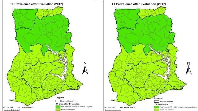 Figure 15: Map of Ghana showing the prevalence of TF and TT, incorporating the results of the pre-validation