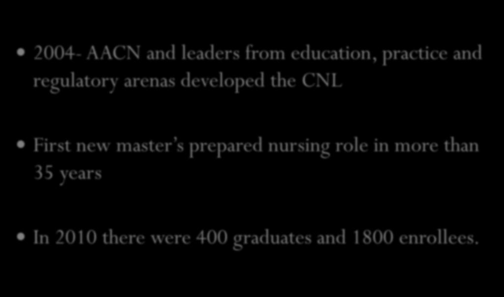 Introduction 2004- AACN and leaders from education, practice and regulatory arenas developed the CNL First