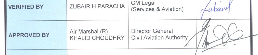 Airworthiness VERIFIED BY ZUBAIR H PARACHA GM Legal (Services