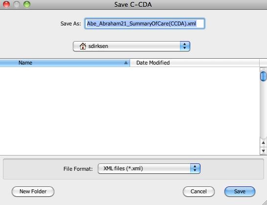 The Save C-CDA dialog will open; select the destination for where you want to save
