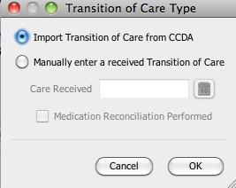 of Care 2. Select Import Transition of Care button and Select OK 3.