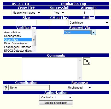 Example of Entering an Intubation Enter a time and select Intubation from the add Action drop down list. Then click the Save/Add Line button.