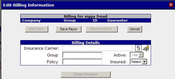 To add billing information click edit. Screen 1 will appear. Then click add payor. Screen 2 will appear. Fill in information.