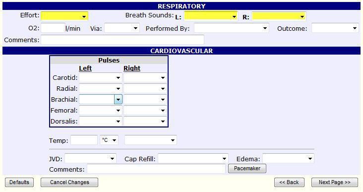 Page 4 - Respiratory/Cardiovascular Fill in fields with your initial assessment findings of the patients Respiratory and Cardiovascular systems.