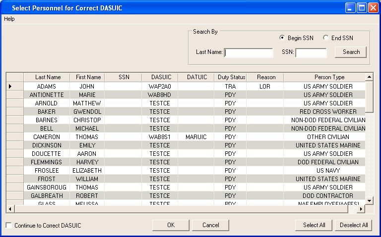 Figure 6 67: Select Personnel for Correct DASUIC Dialog 3. You can search for a person for whom to correct the DASUIC by using the Search By fields.