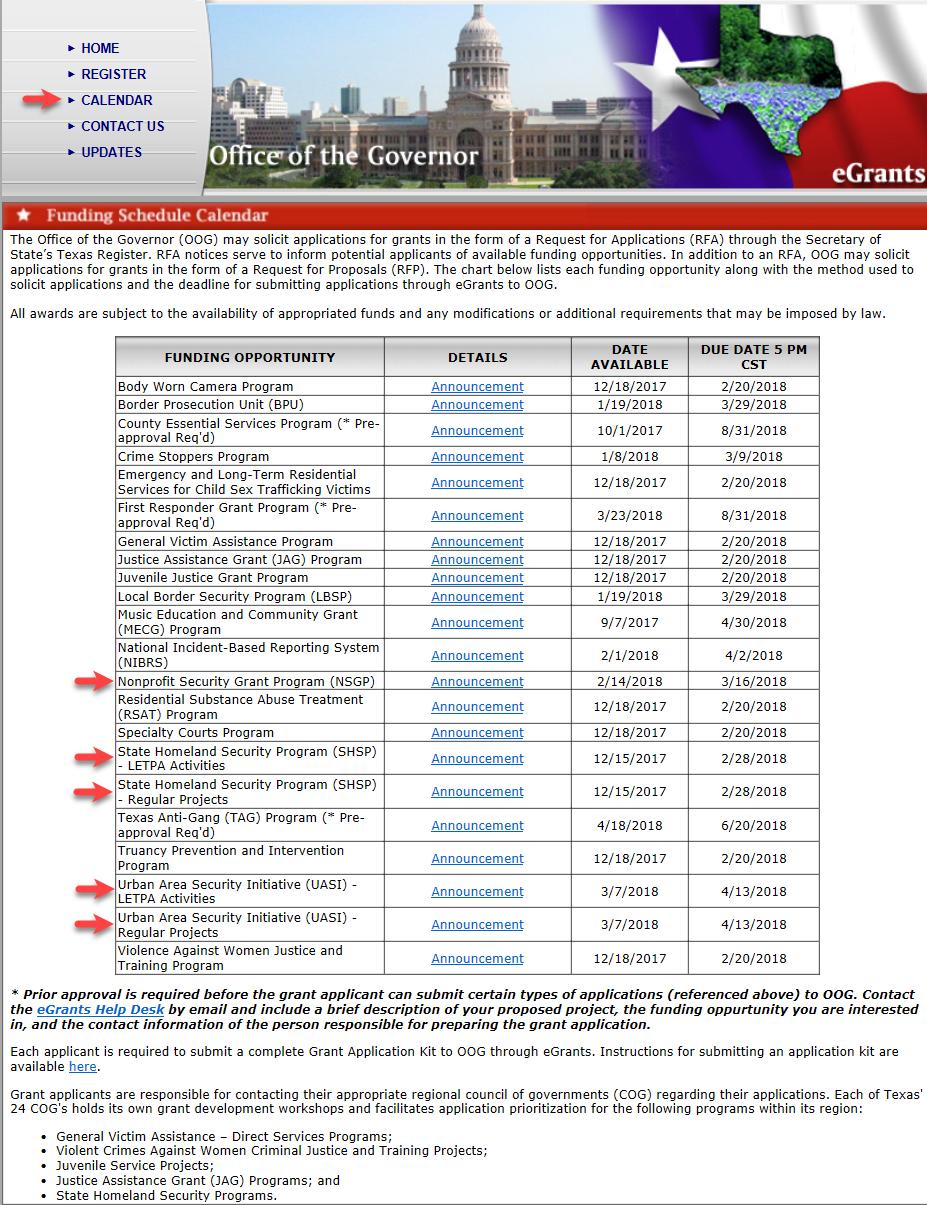 The egrants Calendar Each funding opportunity is listed. Each Announcement (RFA) is listed. The RFA gives the specific details of the grant program.
