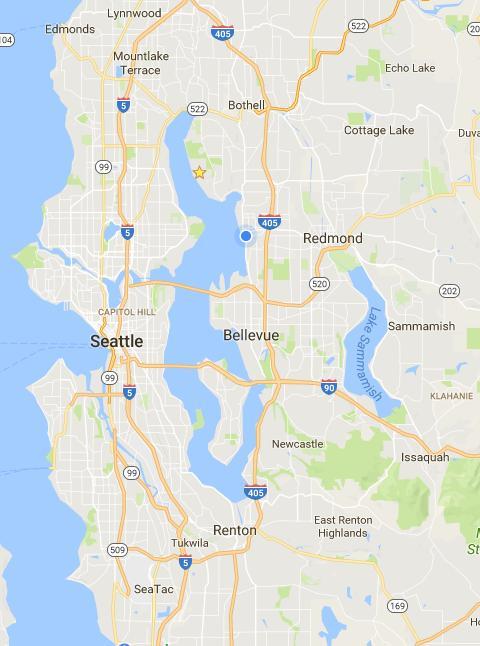 Location Bellevue is derived from the French words meaning Beautiful View Located across the bridge from Seattle and the University of Washington; between Lake Washington on the west and Lake