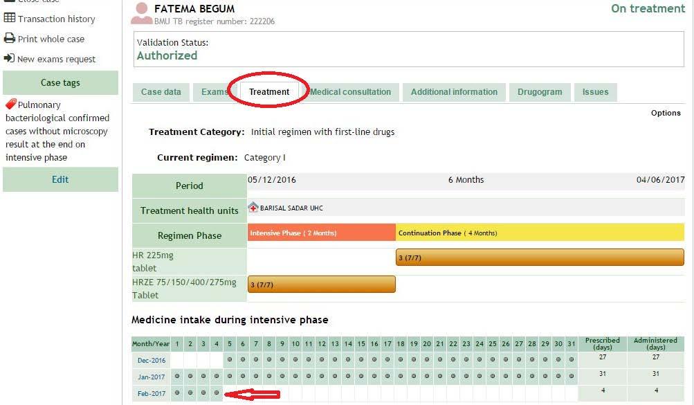 The individual patient s file will appear; click on Treatment to check