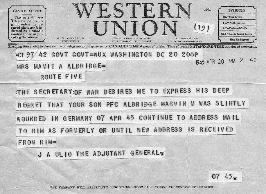 Telegram notice to Marvin s mother Mamie Aldridge. Hospital in Cherbourg, Victory in Europe Day, 8 May 1945 Marvin was sent back to the hospital at Cherbourg, France.