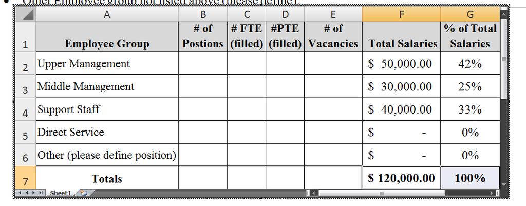 This will activate the embedded Excel spreadsheet. Step 2: Enter requested information in the appropriate cells. Note: Do Not enter numbers in the % of Total Salaries and Total cells.