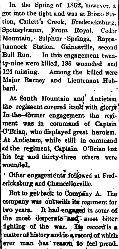 wounded and 124 missing. Among the killed were Major Barney and Lieutenant Hubbard. At South Mountain and Antietam the regiment covered itself with glory.