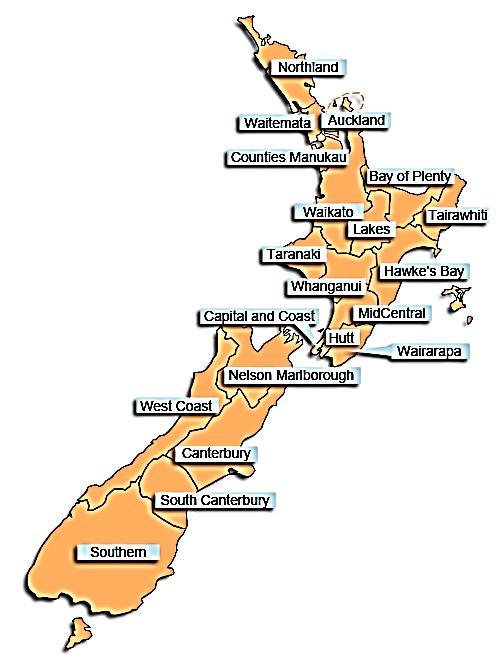 Figure 1 Map of New Zealand showing the 20 DHBs and