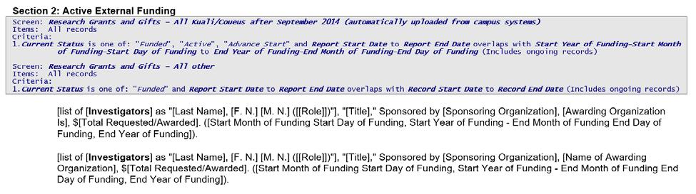 September 2014 page is translated to Section 2: Active External Funding of the customized college report.