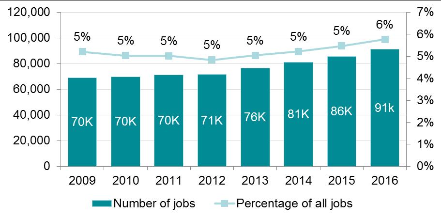 06 40 The number of adult social care jobs in the NHS 18 remained fairly stable between 2009 and 2012 before increasing by around 20,000 jobs between 2012 and 2016.