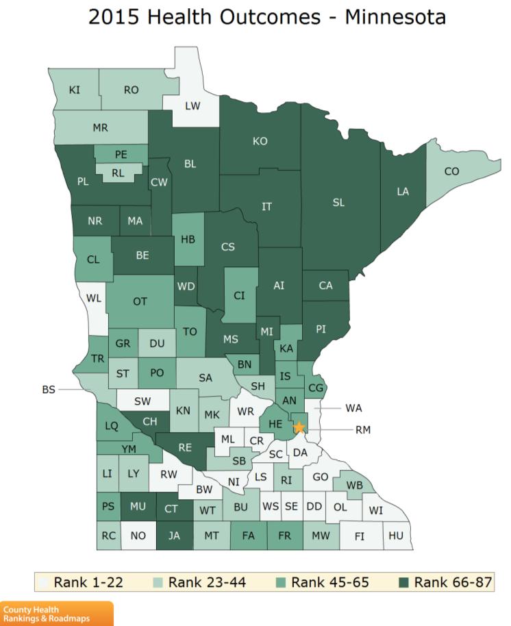 On average, rural Minnesotans are less healthy According to a study by the University of Wisconsin and the Robert Wood Johnson Foundation which ranked the overall health of Minnesotans by county, the
