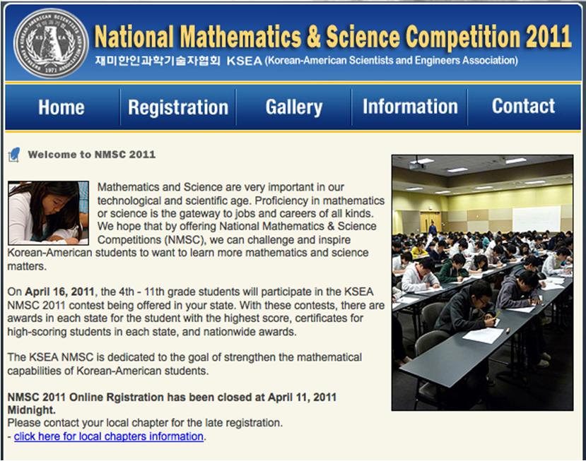 National Math & Science Competition April 21, 2012 (~2,400 participants: open to all) Award Ceremony at Marriott Tyson Corner at 11:00 am on May 12 KSEA is a drawing board for you and I hope the