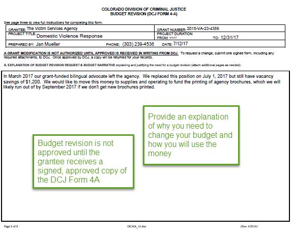 Budget Revision (DCJ Form 4-A) The Budget Revision (DCJ Form 4-A) initiates a request to move funds from one budget category to another.