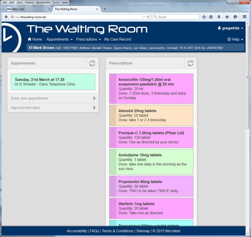 The Waiting Room - Home page showing the appointments and prescriptions This page display a summary of all future booked appointments and a list of all the medication items that have been requested -