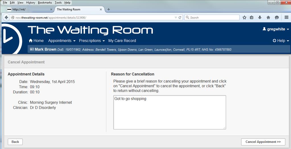 the Appointment section of your The Waiting Room account and click on the