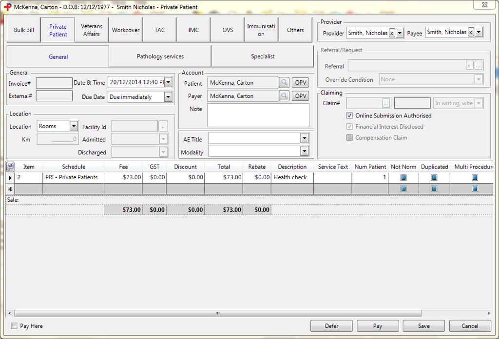 10. Select Save once completed Creating a Private Patient (PC) Invoice: Select the New Invoice button on the New Toolbar to open the Invoices Screen The Invoice Screen will now appear The Account