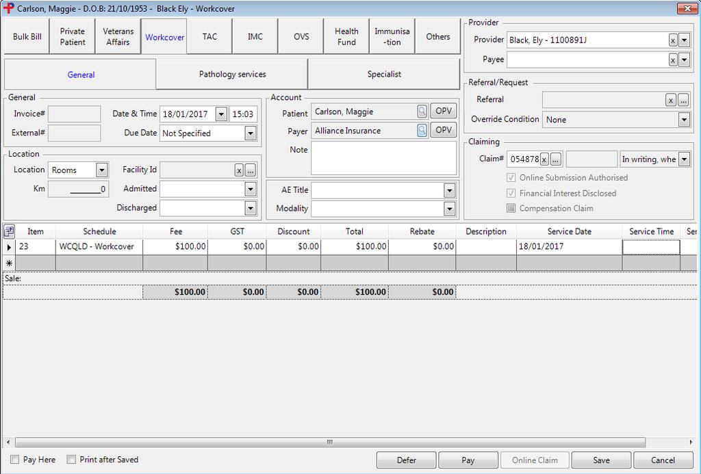 Select the Service Type as General or Specialist SCREENSHOT 12 WORKCOVER WINDOW Select the Item code box.