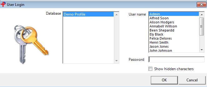 Login Screen: Select the User Name and enter the password (If required) from the provided list and select OK.