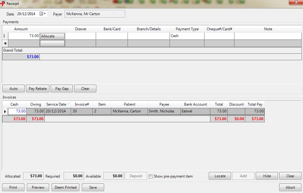 SCREENSHOT 18 RECEIPT WINDOW Under the Payments-Amount, Enter the Amount the patient is paying.